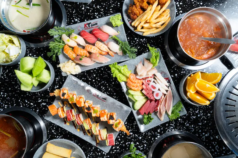 Ktown Korean BBQ, sushi, and hotpot spread